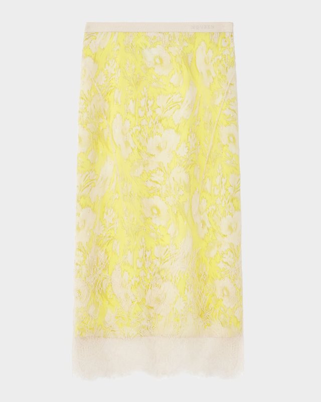 Floral Satin Lace-Trim Midi Slip Skirt